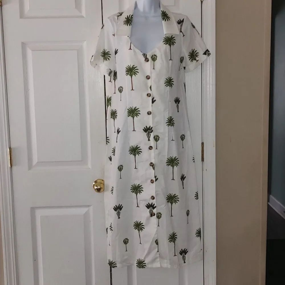 Misslook white button down palm tree print dress beach cruise tropical Sz S